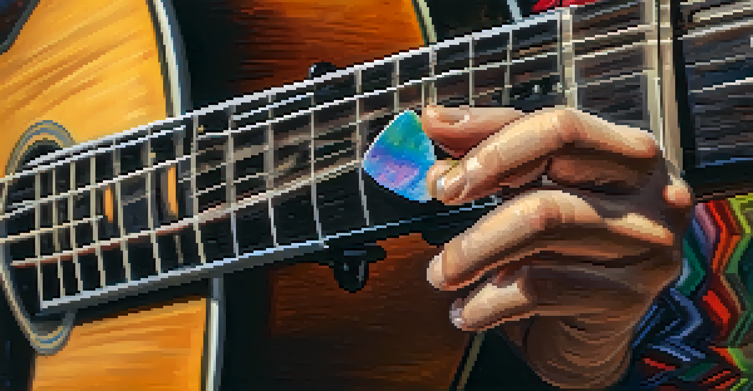 A close-up of an artist's hand holding a colorful nylon guitar pick, strumming an acoustic guitar with a cozy room in the background.