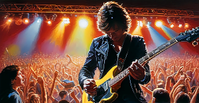 A guitarist playing an electric guitar on stage with colorful lights and a cheering crowd.