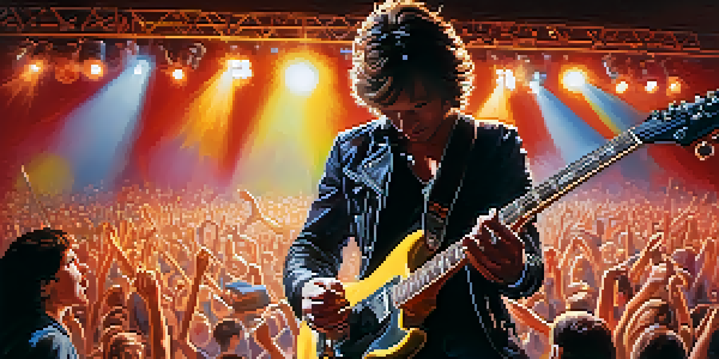 A guitarist playing an electric guitar on stage with colorful lights and a cheering crowd.