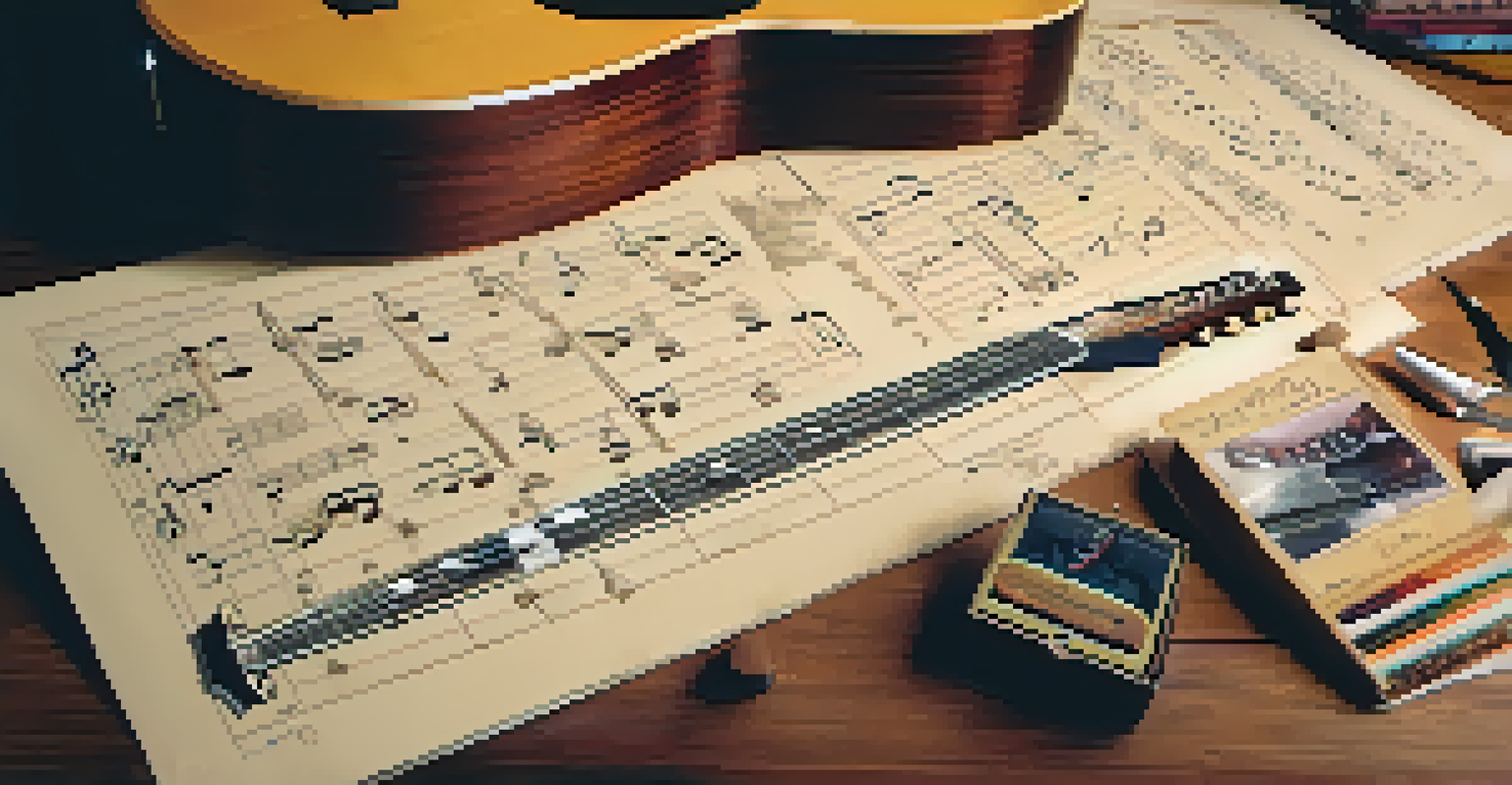Hand-drawn transposition chart on a wooden table, with a guitar, tuner, and notebook, illuminated by warm ambient light.