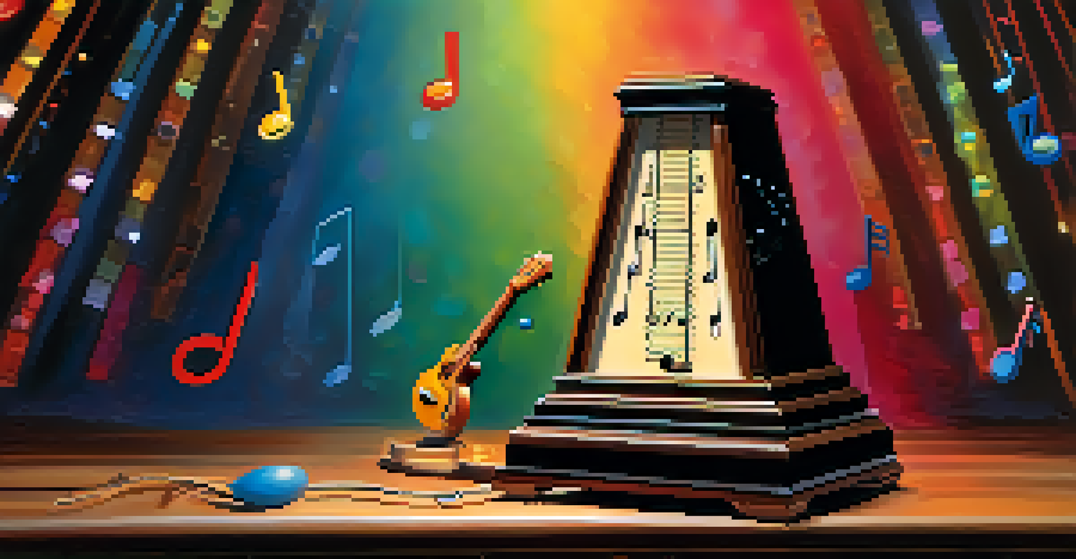 A metronome next to a guitar, surrounded by swirling musical notes and colorful background.