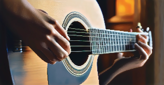 A guitarist's hands playing a C major triad on an acoustic guitar in a cozy room with warm lighting and wooden floors.