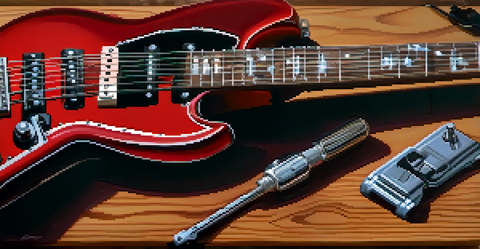 Close-up of a red electric guitar on a workbench with tools for maintenance around it.