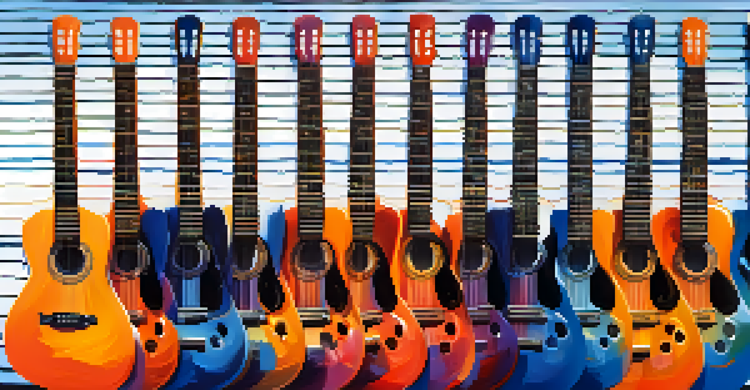 Illustration of colorful guitar scales represented as notes on a musical staff with flowing musical waves.