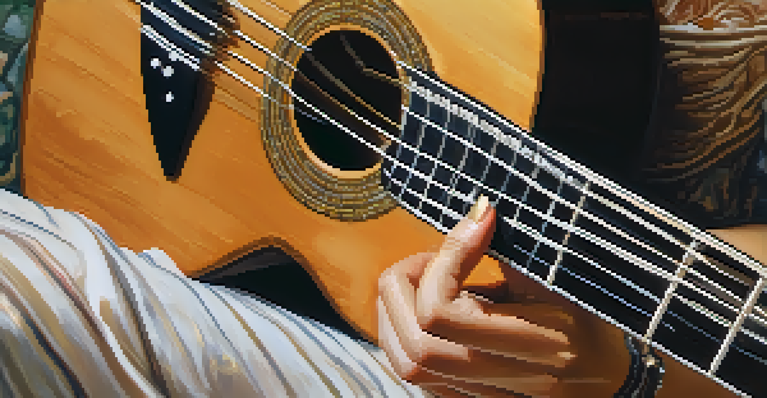 Close-up of a woman's hands playing fingerstyle guitar.