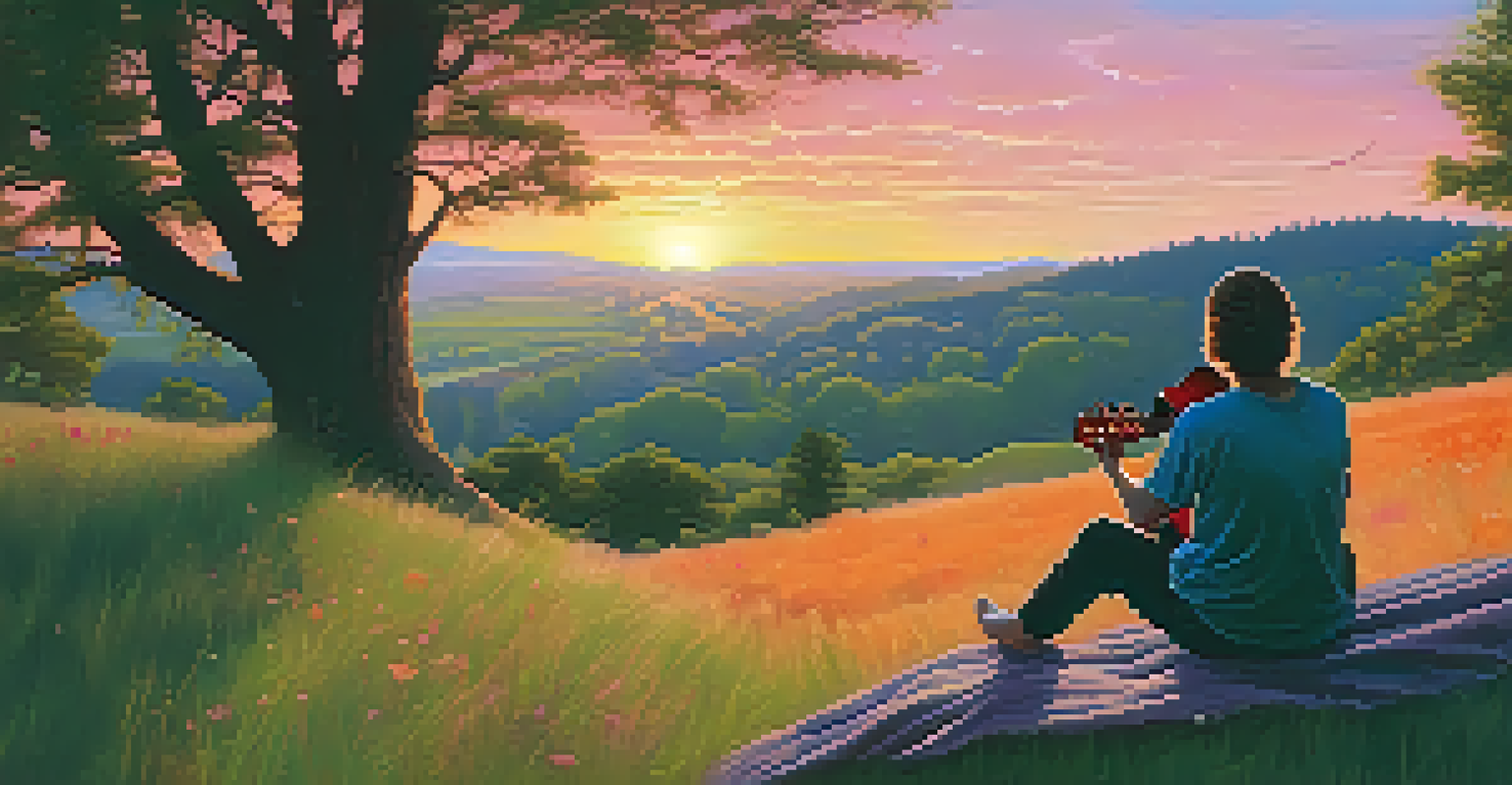 A person playing acoustic guitar on a grassy hill during a colorful sunset, surrounded by nature.