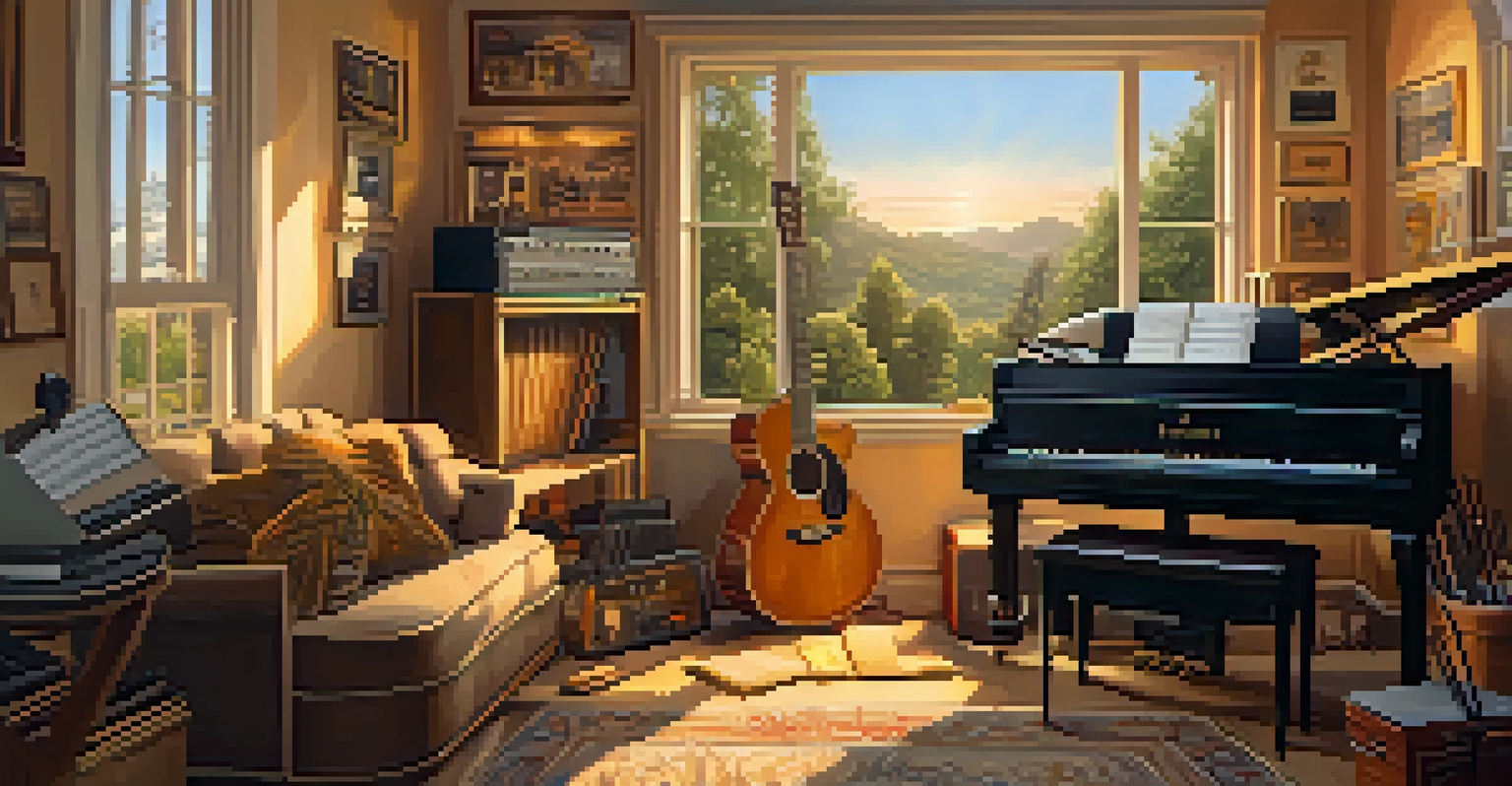 A warm and inviting home music studio with instruments and framed music posters.