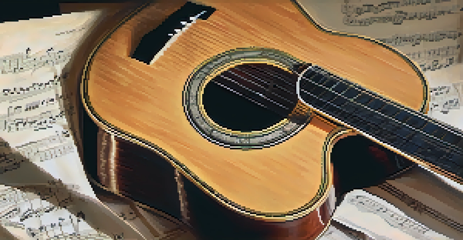 A close-up shot of a classical guitar on a music stand with sheet music, showcasing the instrument's details.