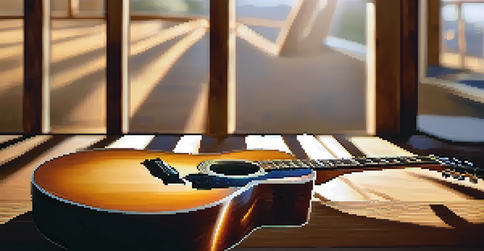Close-up of an acoustic guitar showcasing its shiny finish and wood grain on a wooden table with sunlight streaming through a window.