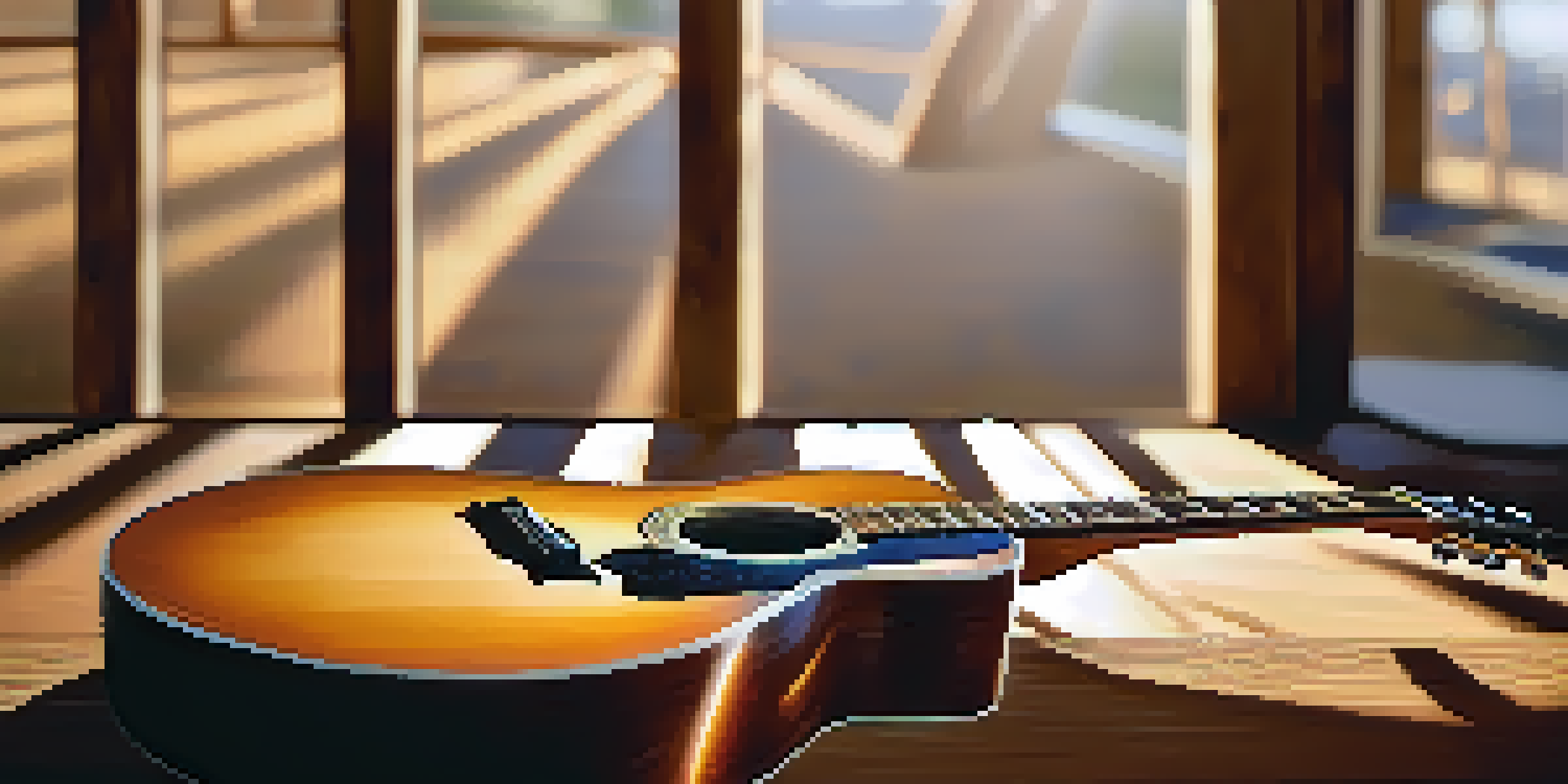 Close-up of an acoustic guitar showcasing its shiny finish and wood grain on a wooden table with sunlight streaming through a window.