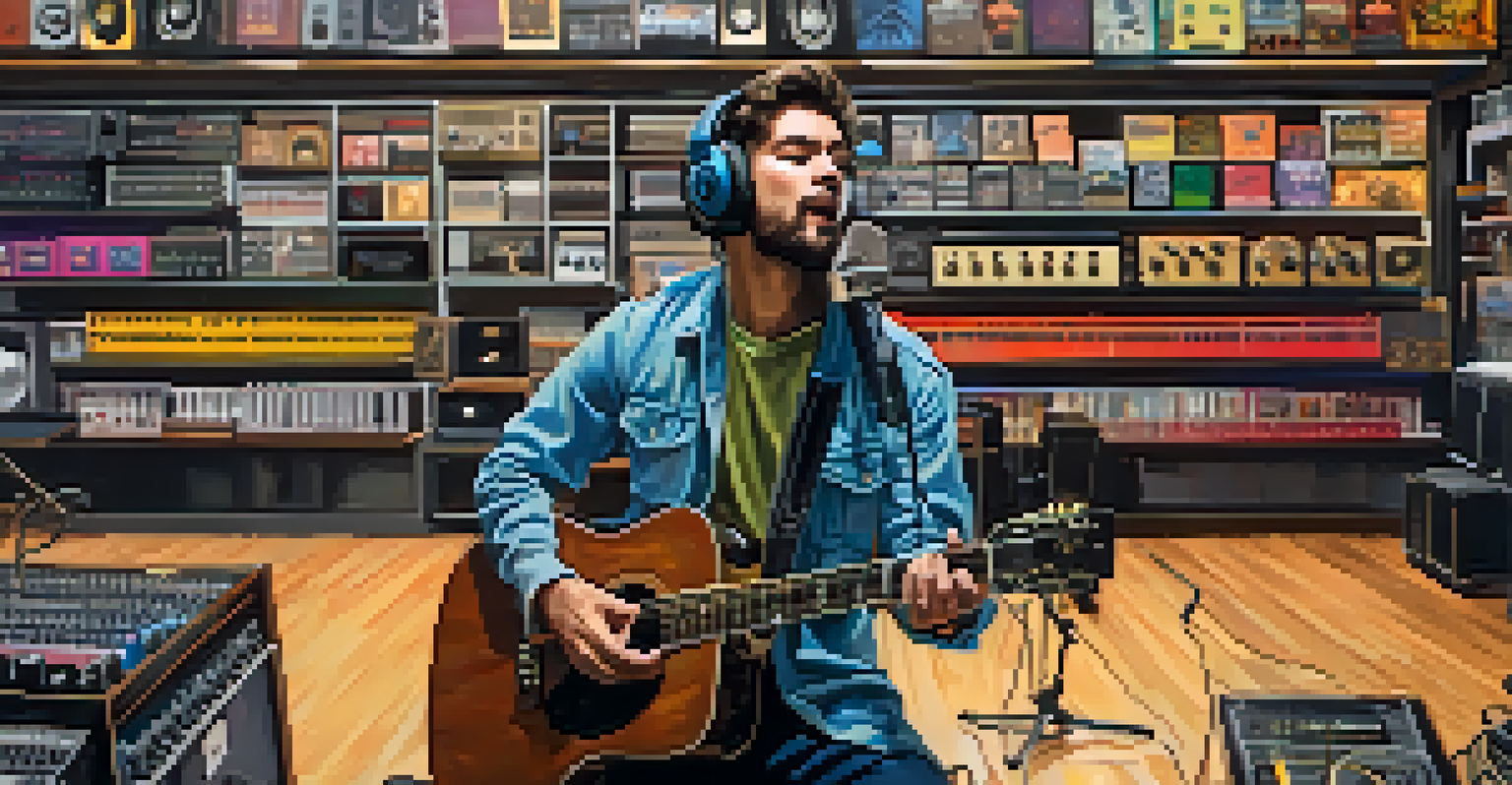 A musician testing a dynamic microphone in a music store while playing an acoustic guitar, surrounded by various recording equipment.