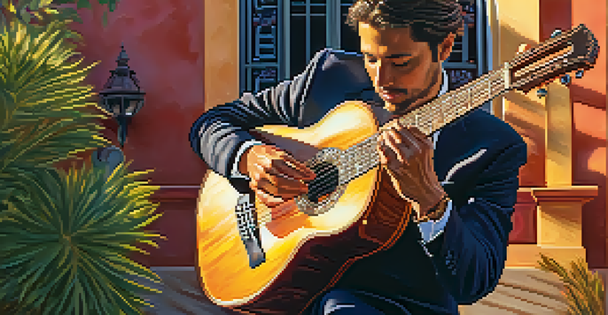 A close-up of a musician playing a flamenco guitar at sunset, with detailed focus on the guitar and the musician's expression.