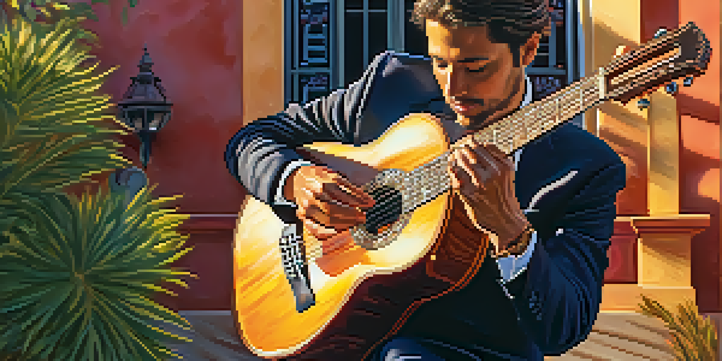 A close-up of a musician playing a flamenco guitar at sunset, with detailed focus on the guitar and the musician's expression.