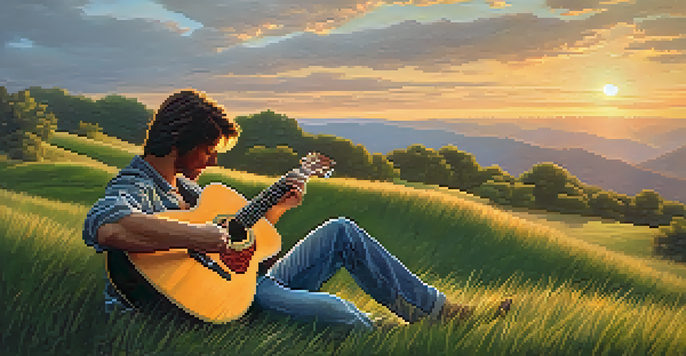 A musician playing acoustic guitar on a grassy hill at sunset, with soft light illuminating the scene.