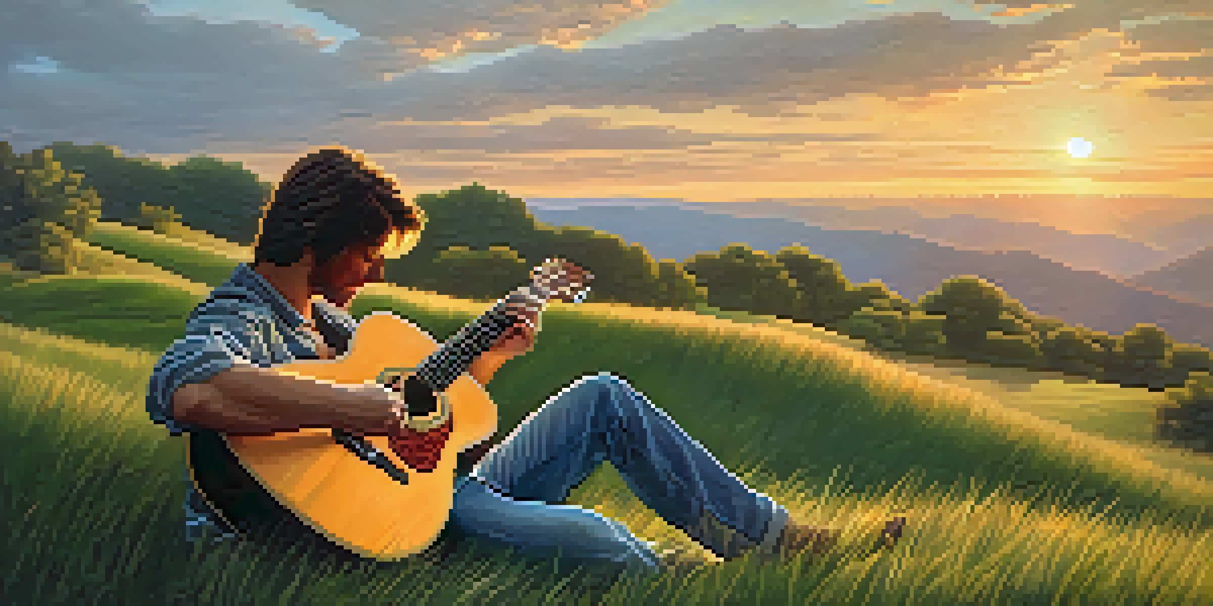A musician playing acoustic guitar on a grassy hill at sunset, with soft light illuminating the scene.