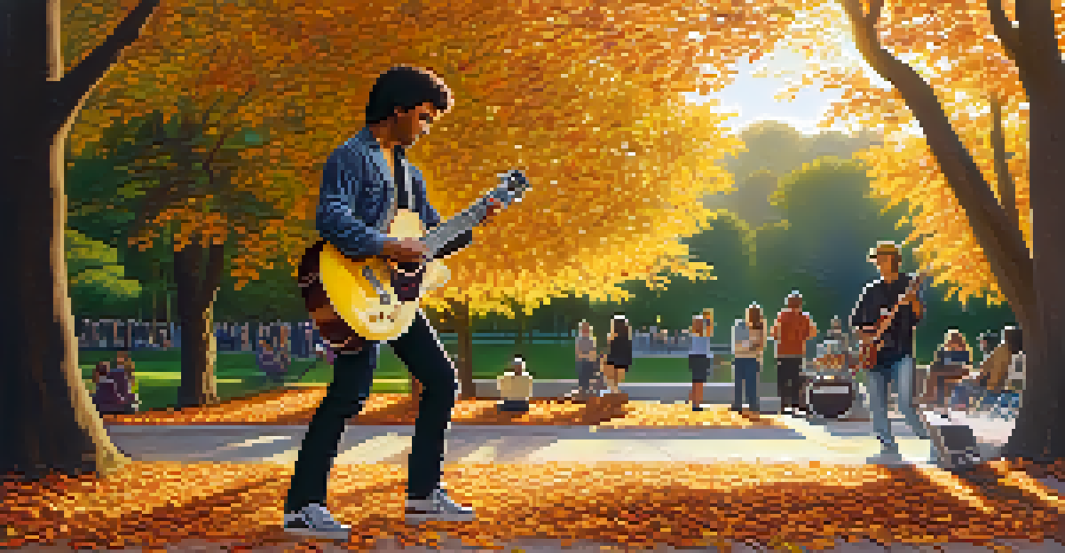 A guitarist performing in a park during sunset, using slapping techniques with autumn leaves in the background.