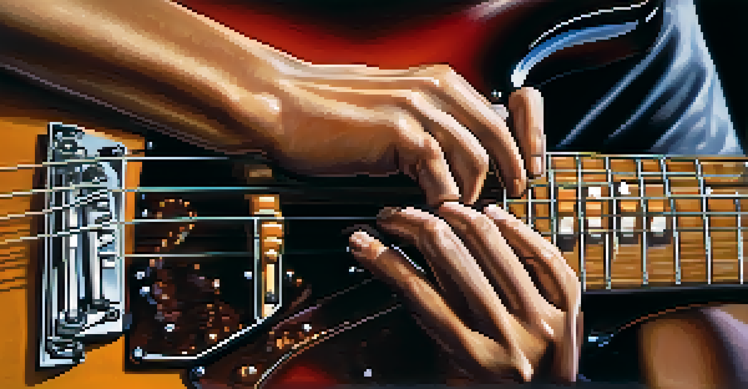 A close-up of a guitarist's hands playing chord inversions on an electric guitar under bright stage lights.