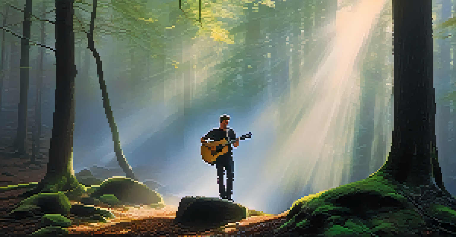 A guitarist tuning their guitar in a misty forest, with soft morning light filtering through the trees.