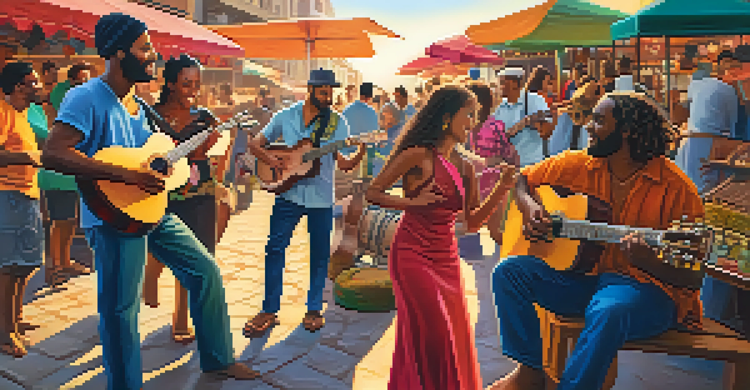 A diverse group of musicians playing guitars in a lively outdoor market, with colorful stalls and a warm sunset glow.