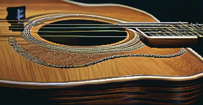 A detailed close-up of a multi-scale guitar with fanned frets against a dark wooden background, illuminated softly to highlight its features.