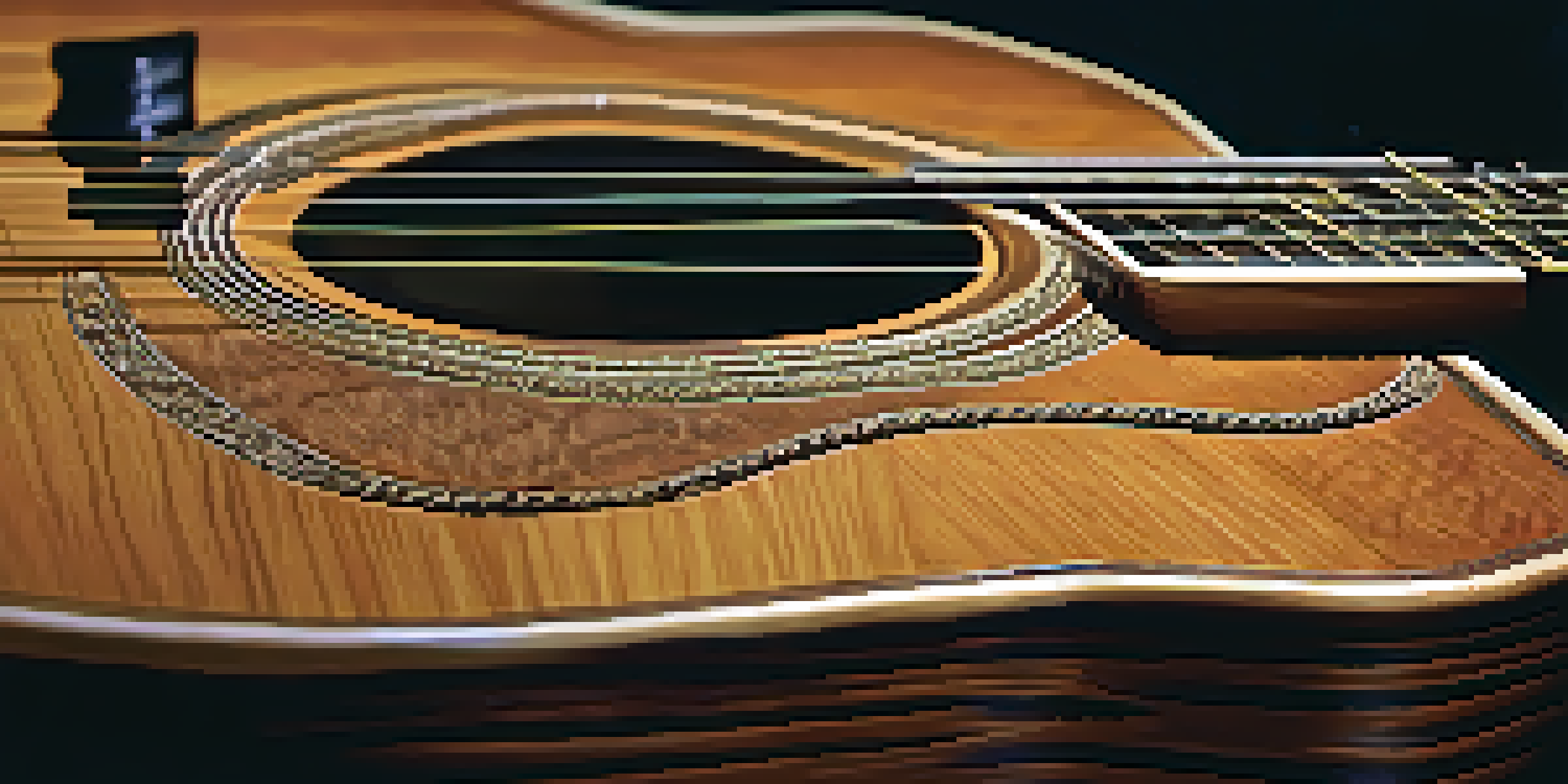 A detailed close-up of a multi-scale guitar with fanned frets against a dark wooden background, illuminated softly to highlight its features.