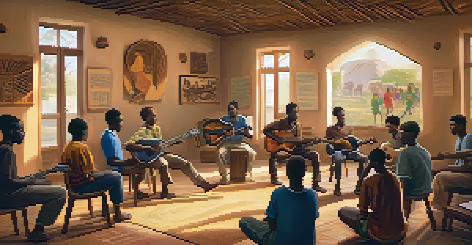 A guitarist teaching traditional African rhythms in an intimate workshop setting, surrounded by eager learners and cultural artifacts.