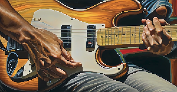 A close-up view of a guitarist's hands playing a vintage electric guitar, with warm lighting and colorful sound waves around them.