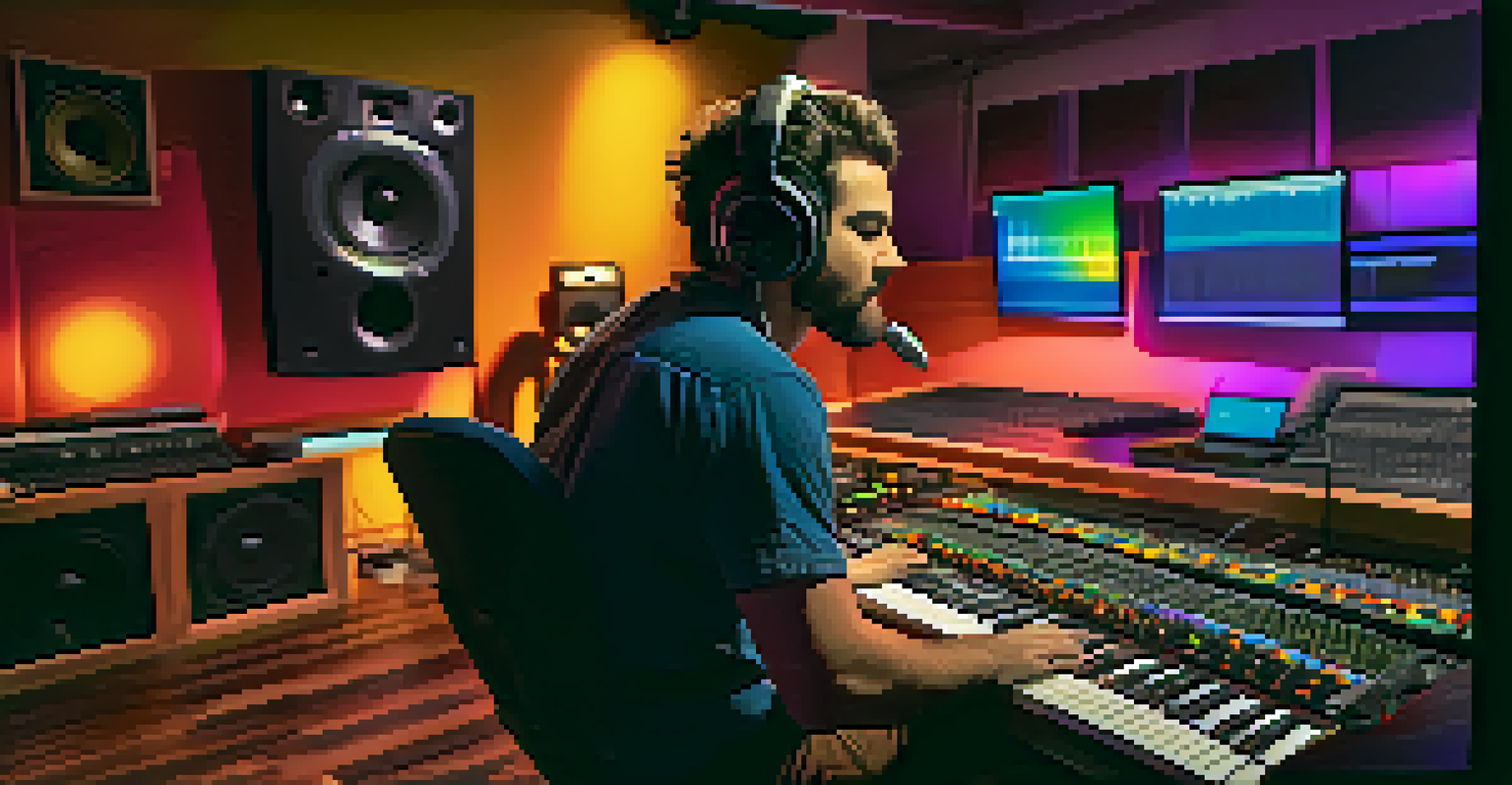 A musician playing an electric guitar in a colorful recording studio, with headphones on and a digital audio workstation in the background.