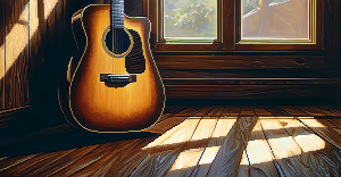 A close-up of an acoustic guitar leaning against a wooden wall, illuminated by soft sunlight with music notes beside it.