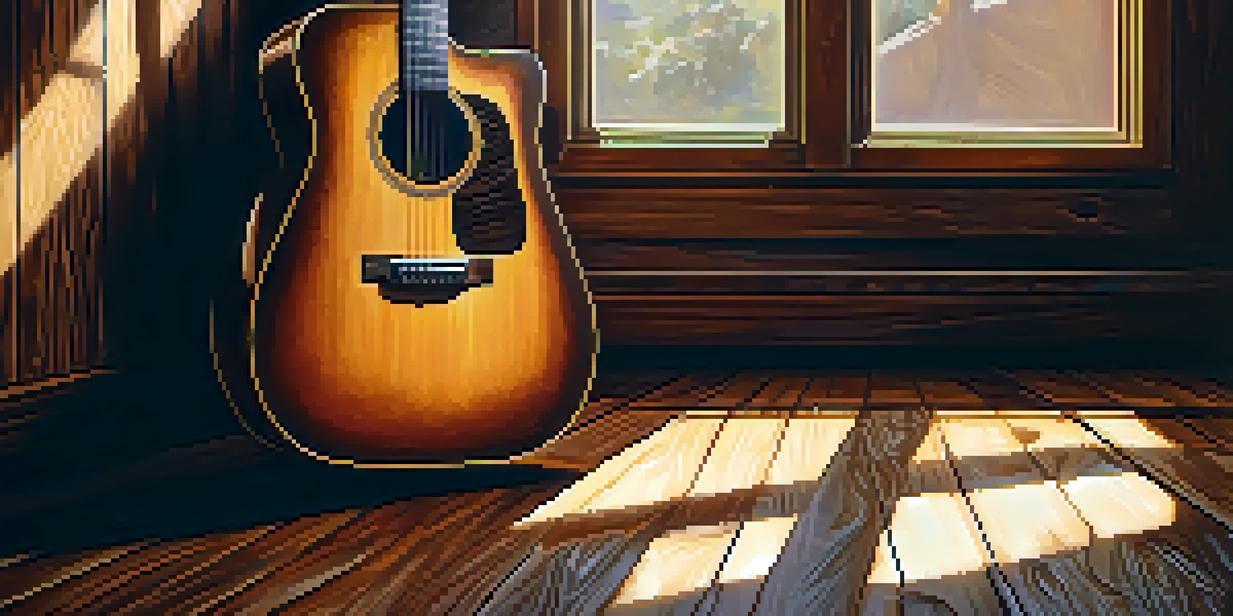 A close-up of an acoustic guitar leaning against a wooden wall, illuminated by soft sunlight with music notes beside it.