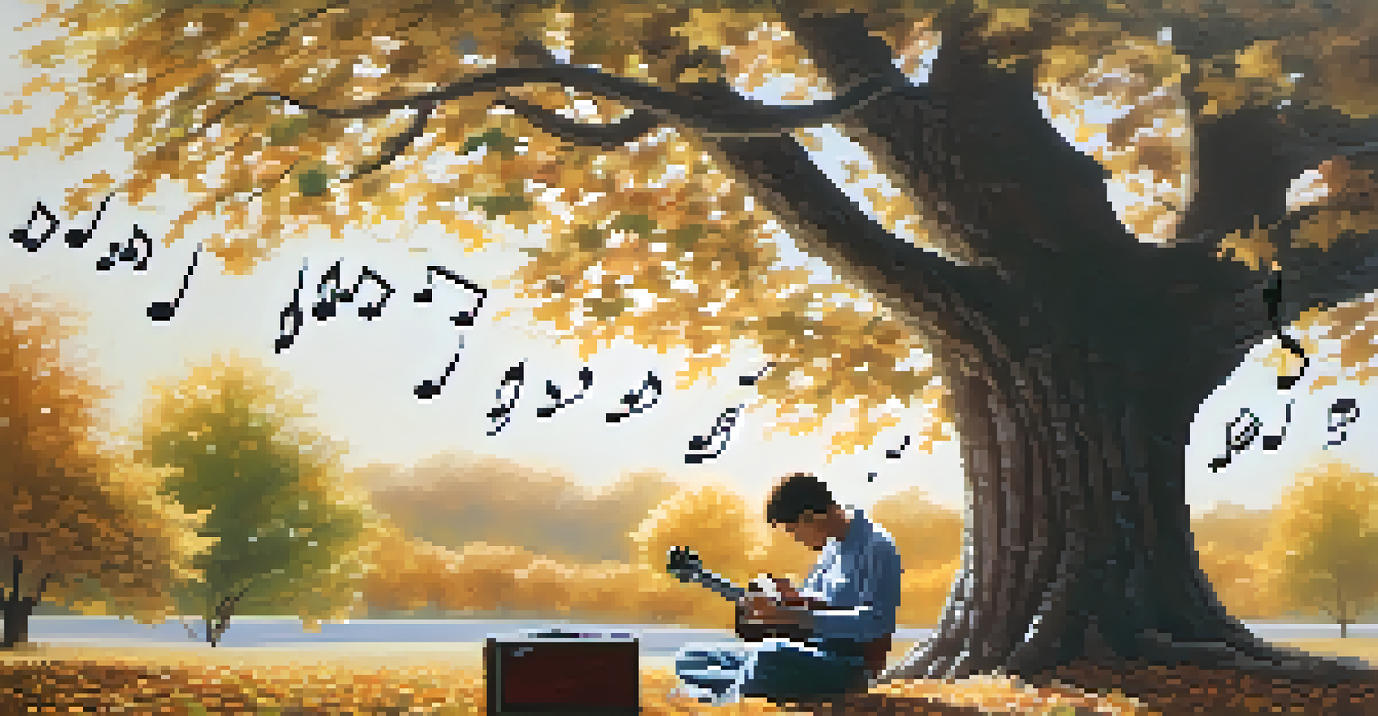 A guitarist playing under a tree with musical notes floating in the air.