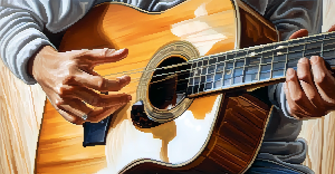 A guitarist's hands playing an acoustic guitar with a warm, intimate lighting and blurred background.
