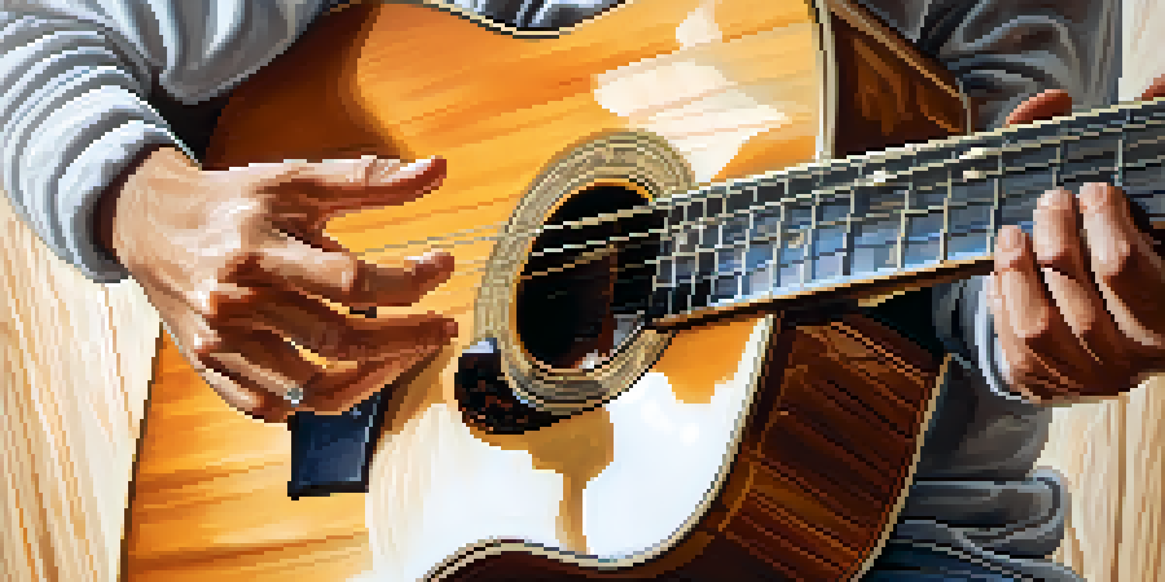 A guitarist's hands playing an acoustic guitar with a warm, intimate lighting and blurred background.