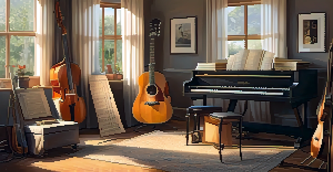 A sunny room with musical instruments, a guitar on a stand, and sheet music on a table, decorated with posters of musicians.