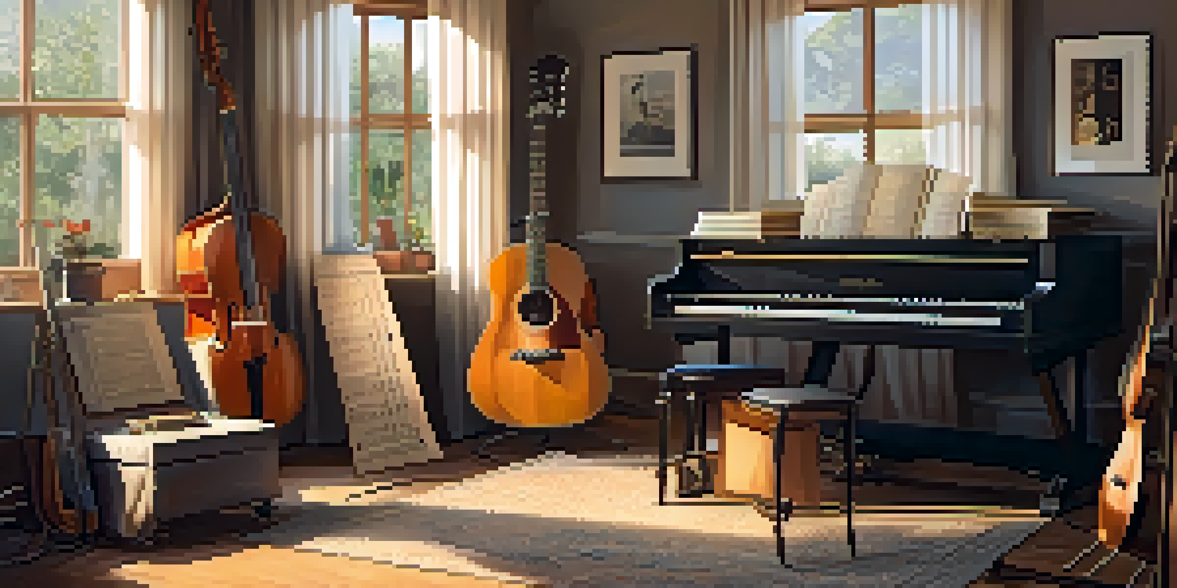 A sunny room with musical instruments, a guitar on a stand, and sheet music on a table, decorated with posters of musicians.