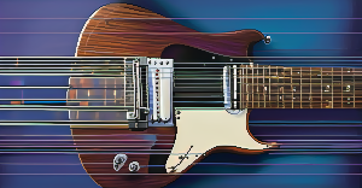 An artistic image of a guitar fretboard with musical notes flowing along the strings, symbolizing sliding techniques in music.