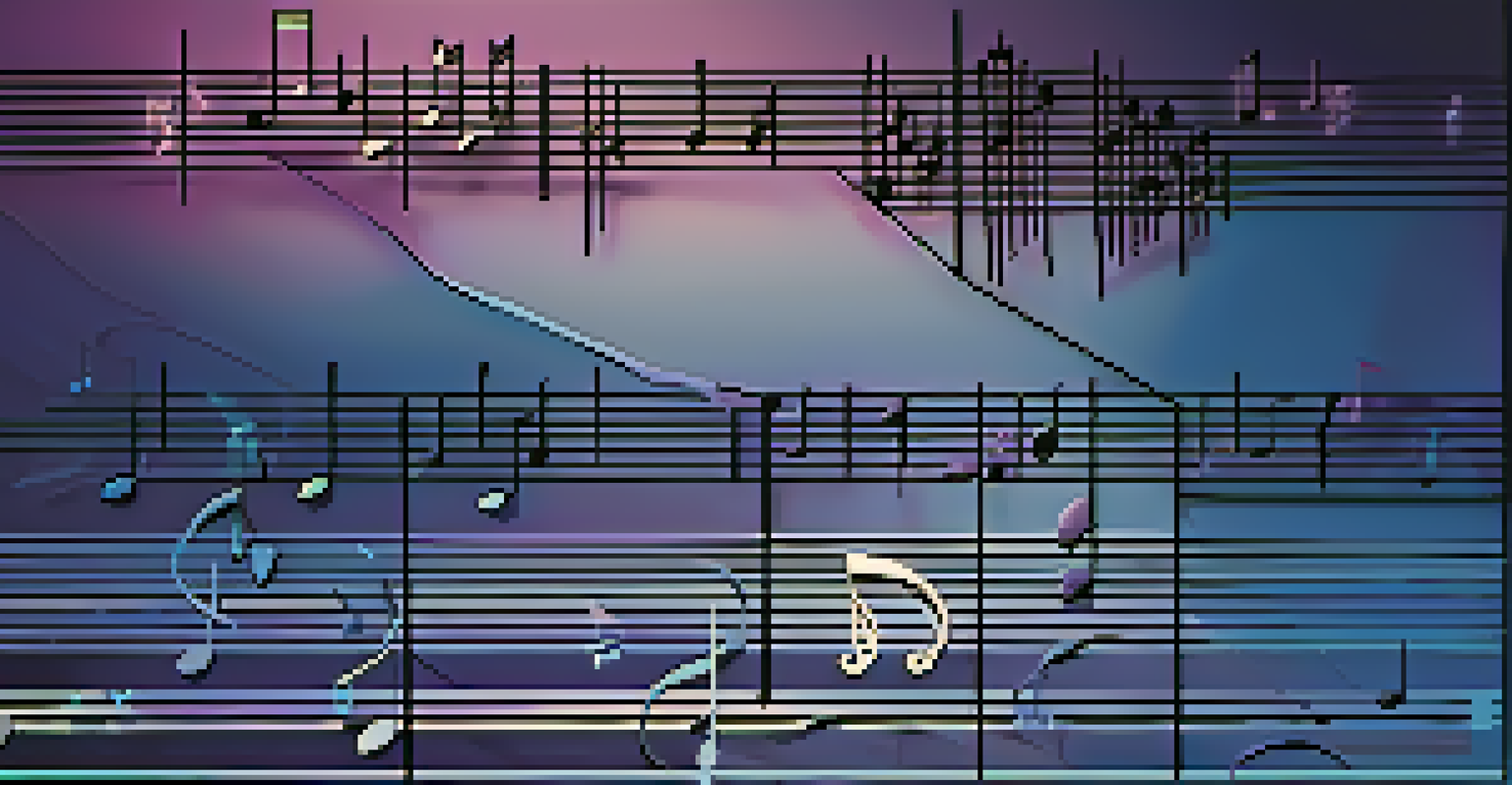 An illustrated diagram of a diminished scale with musical notes and a guitar fretboard overlay on a purple-blue gradient background.