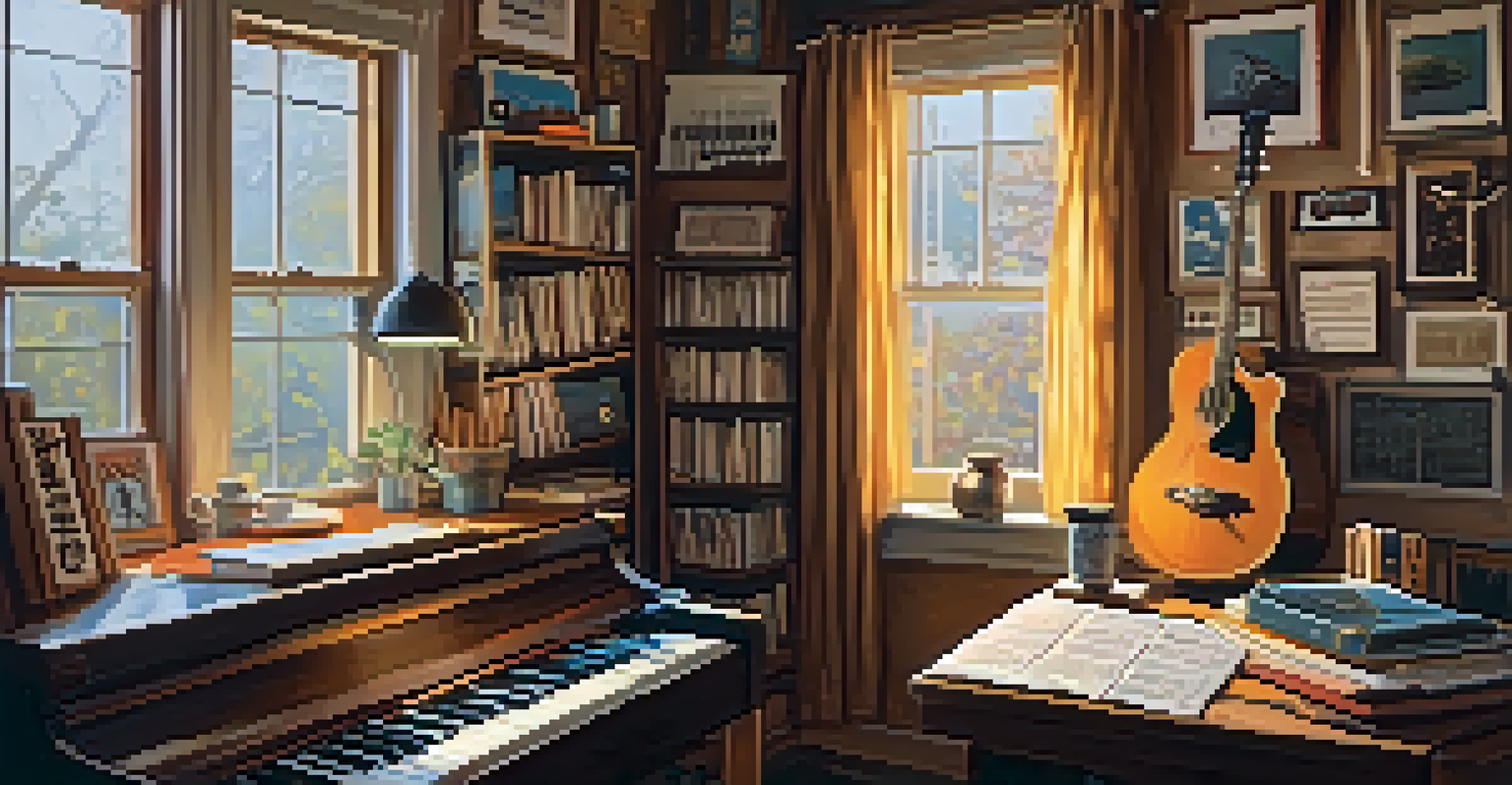 A cozy musician's studio with instruments and warm lighting, creating an inviting atmosphere.