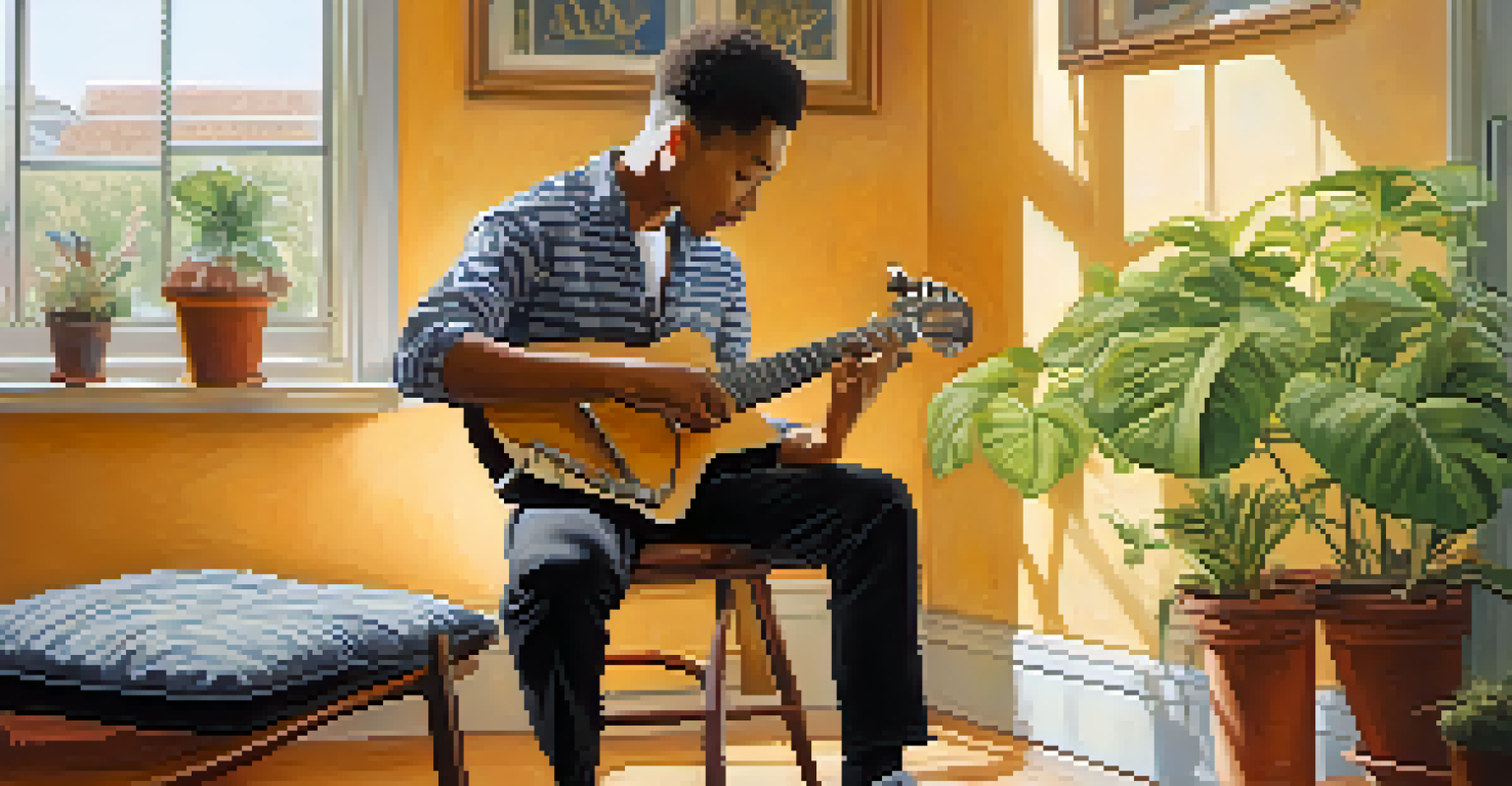 A guitarist practicing rhythm exercises with a metronome, strumming a guitar in a bright room filled with musical notes.