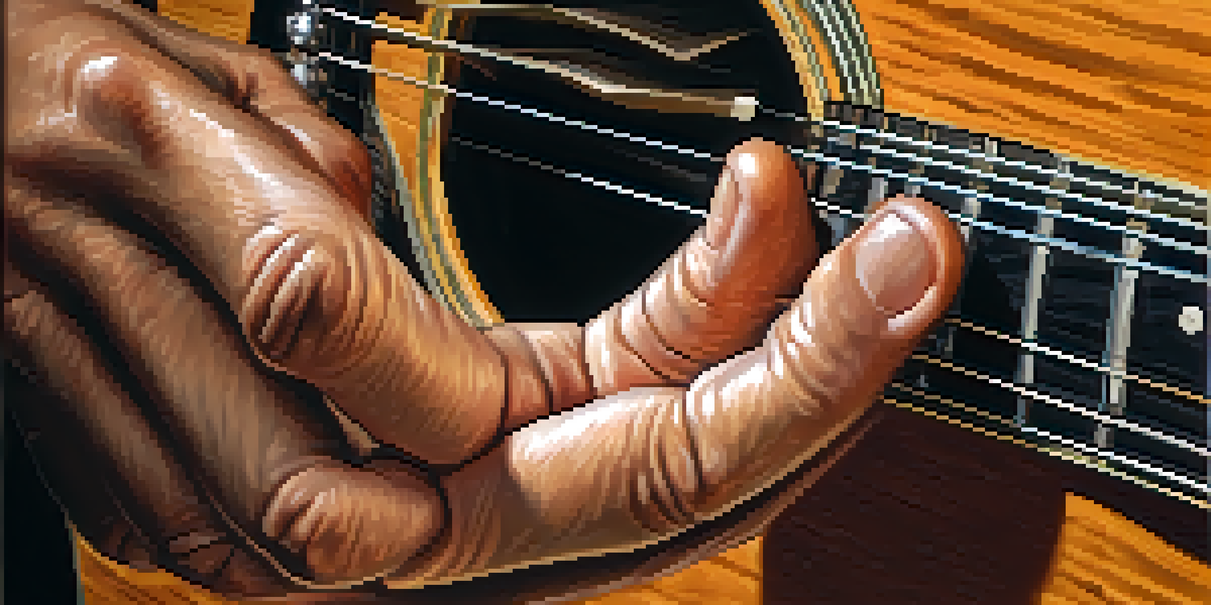 A guitarist's hands practicing finger stretching exercises on an acoustic guitar, with warm lighting highlighting the details of the guitar and hands.