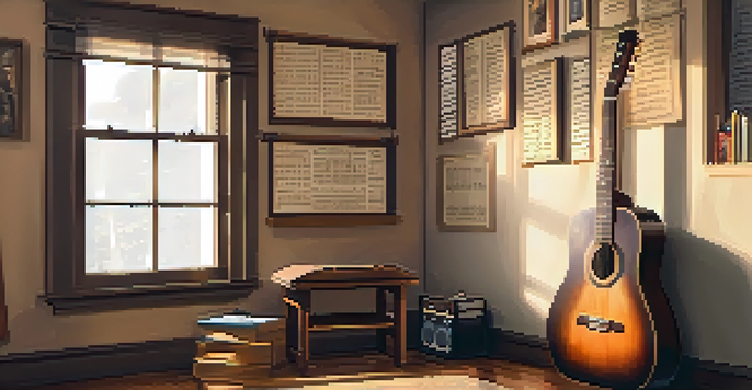 A warm and inviting home practice space for guitar lessons with an acoustic guitar, music stand, and soft lighting.