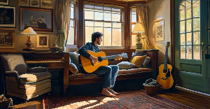 A guitarist playing an acoustic guitar in a warm indoor setting with sunlight streaming through the window.