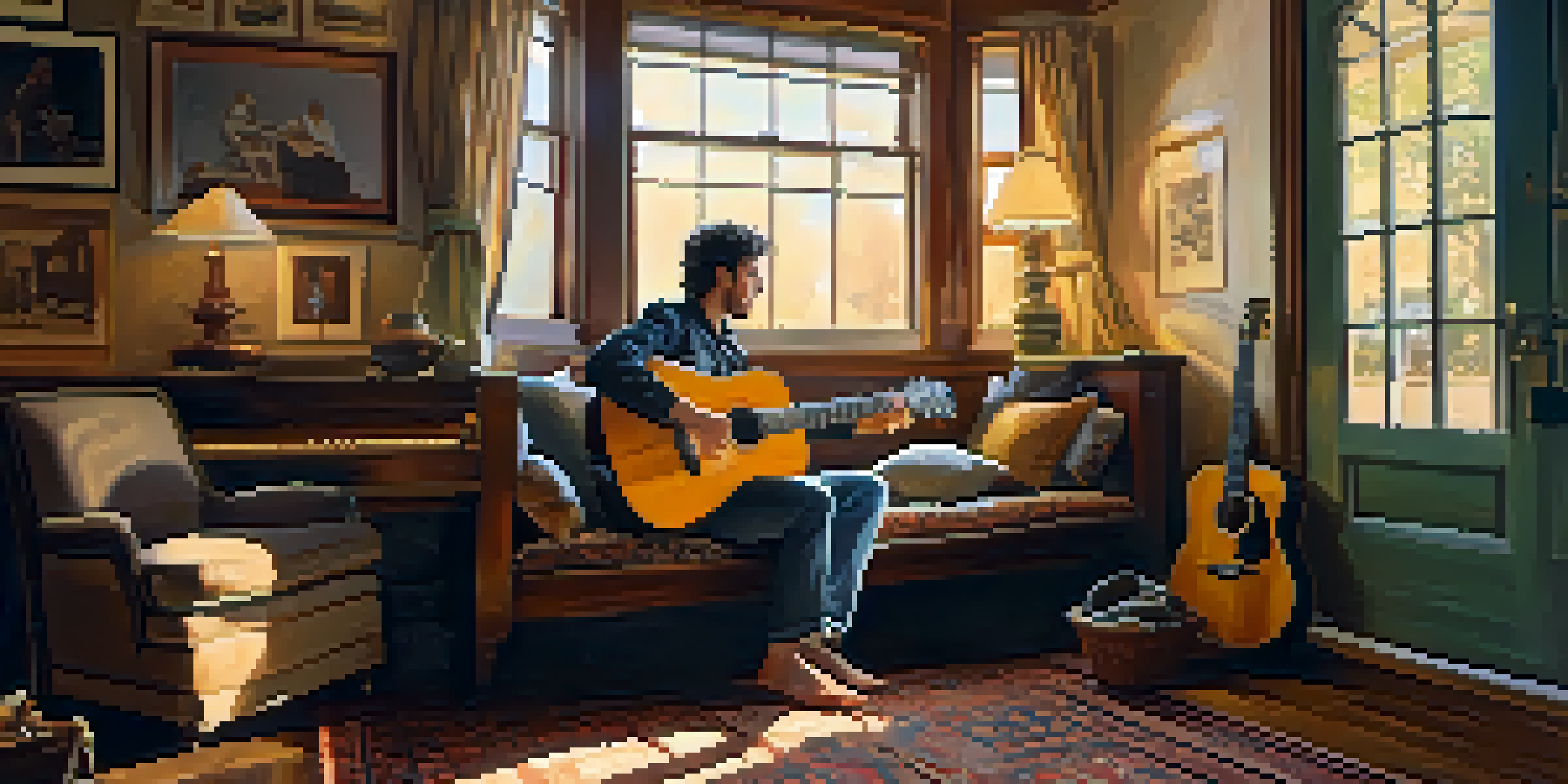 A guitarist playing an acoustic guitar in a warm indoor setting with sunlight streaming through the window.