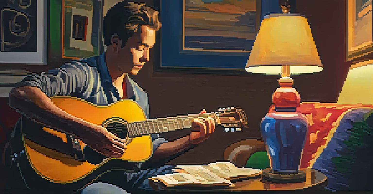 Hands playing a guitar surrounded by music sheets in a cozy living room.
