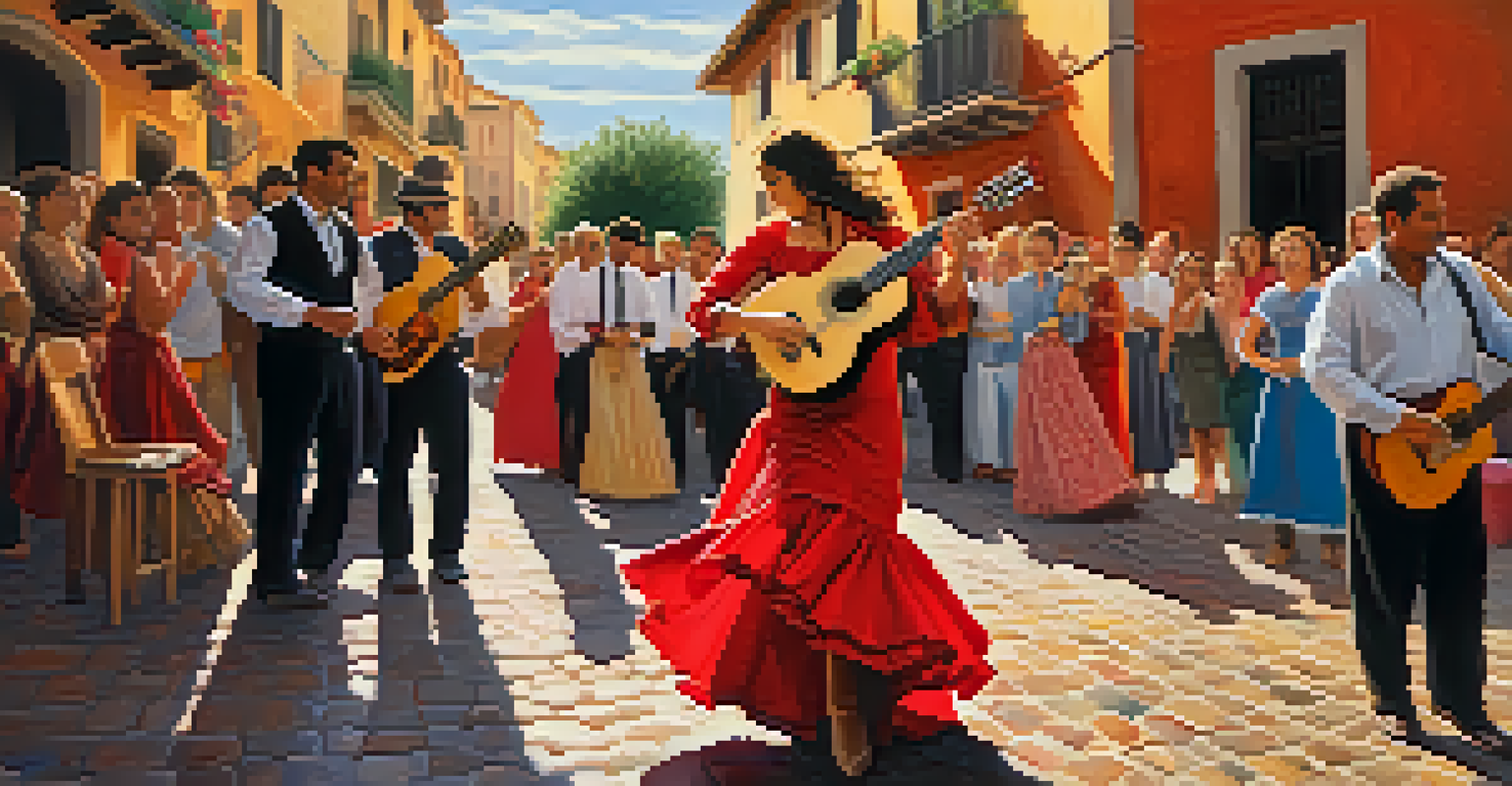 A flamenco guitarist performing on a cobblestone street, surrounded by an audience, with colorful decorations and warm sunlight.