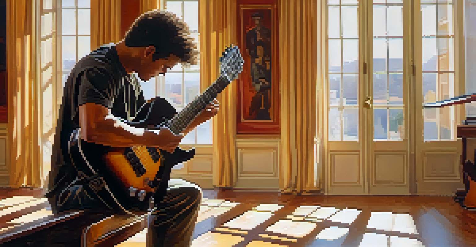 A guitarist performing wrist and hand mobility exercises in a sunlit room filled with musical instruments, focusing on fluid hand movements.
