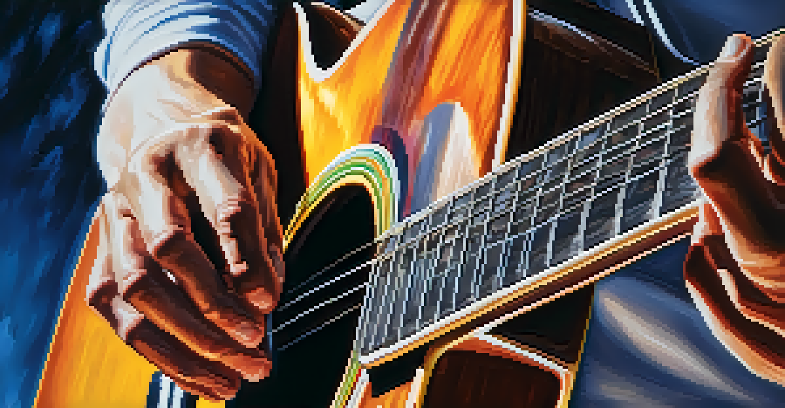 A close-up of a guitarist's hands playing the guitar, showcasing finger movements and the guitar's strings under bright lights.