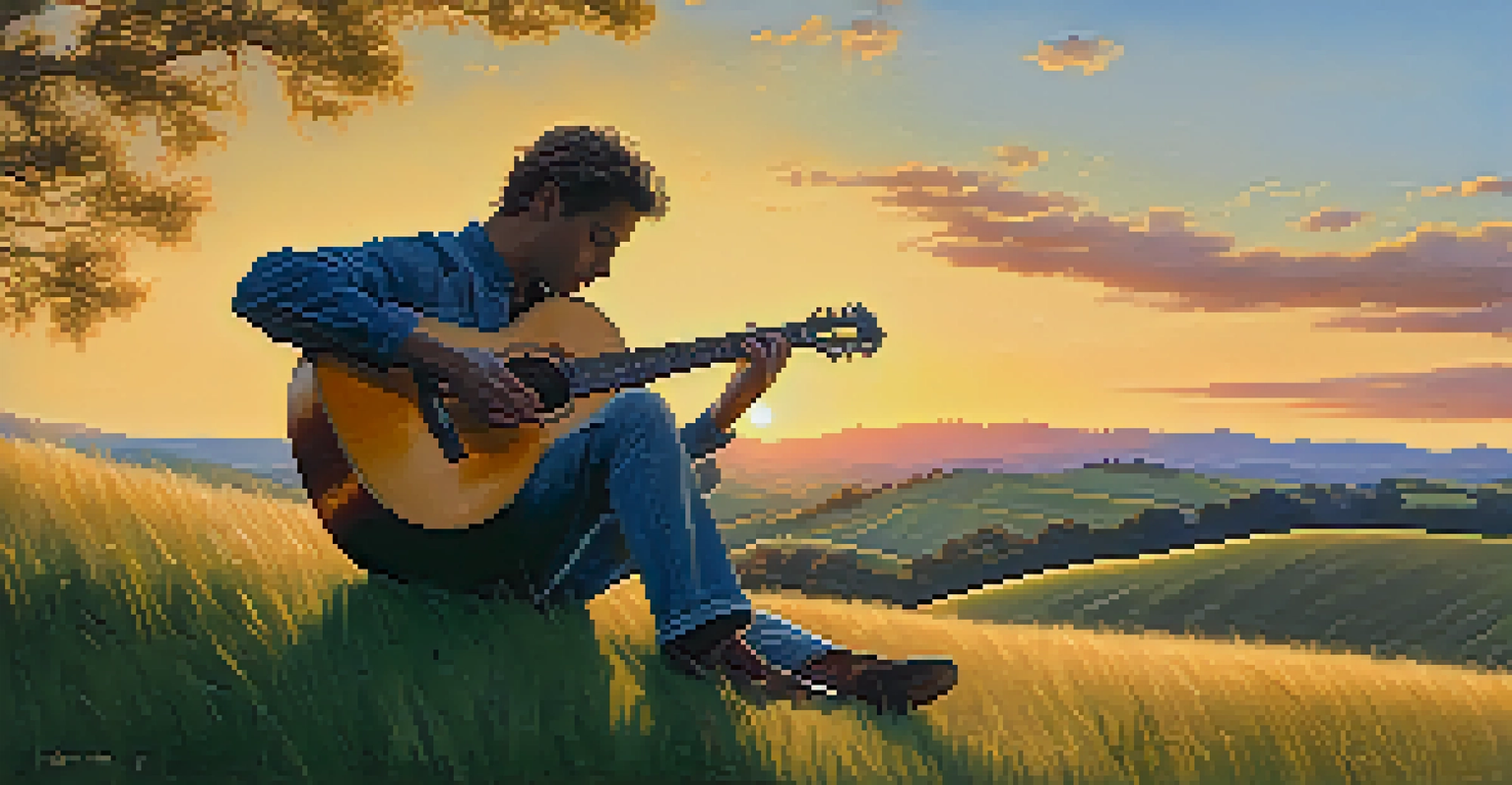 A musician practicing guitar scales on a grassy hill during sunset.