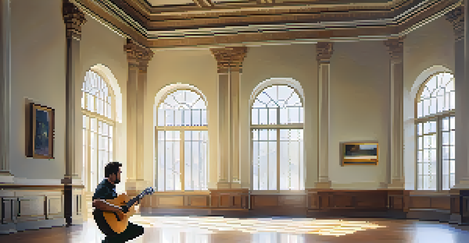 A musician playing an acoustic guitar in a spacious hall with a high ceiling, with sound waves visually represented around them.