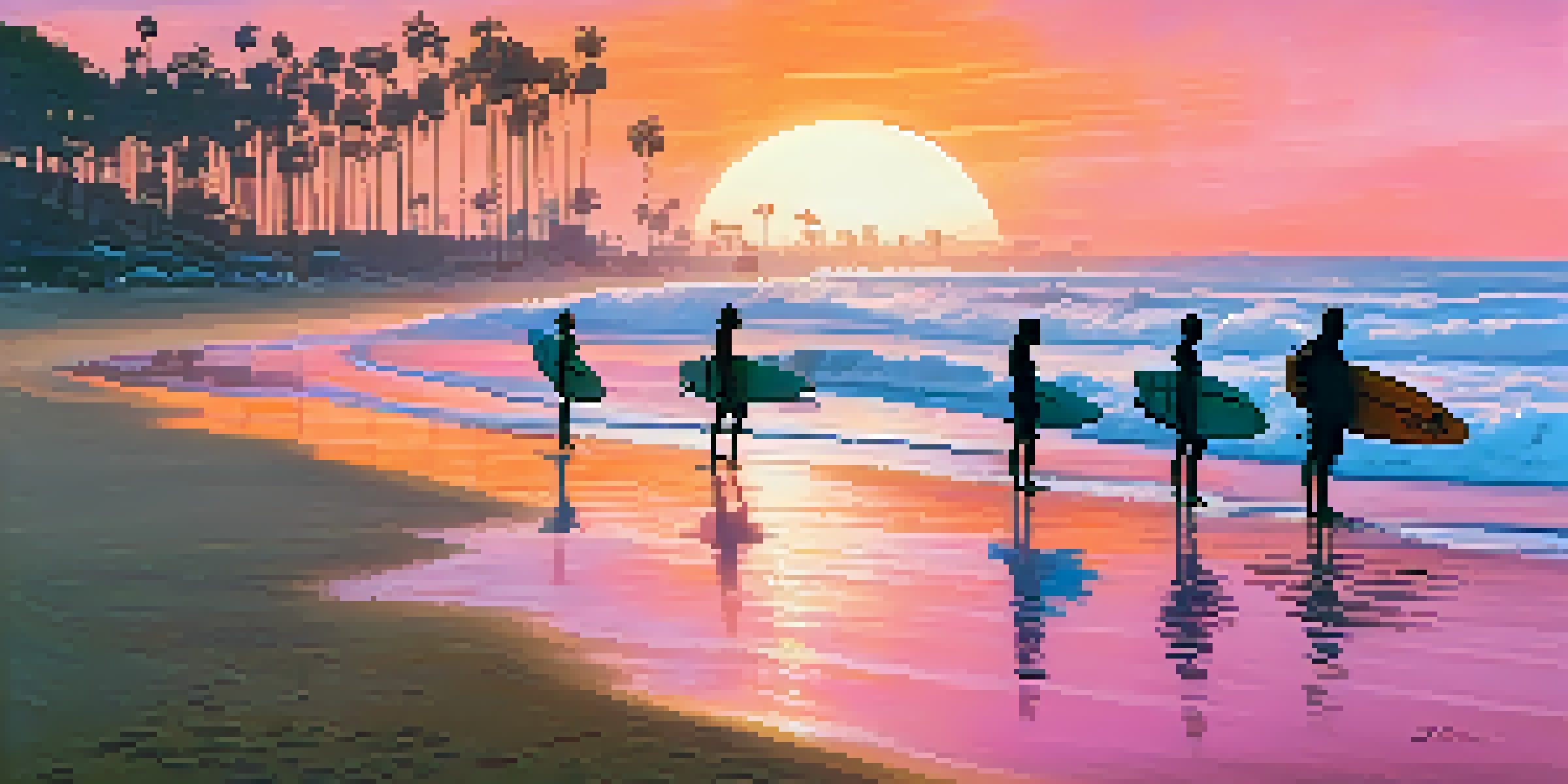 A sunset beach scene with surfers riding waves and silhouetted against a colorful sky.